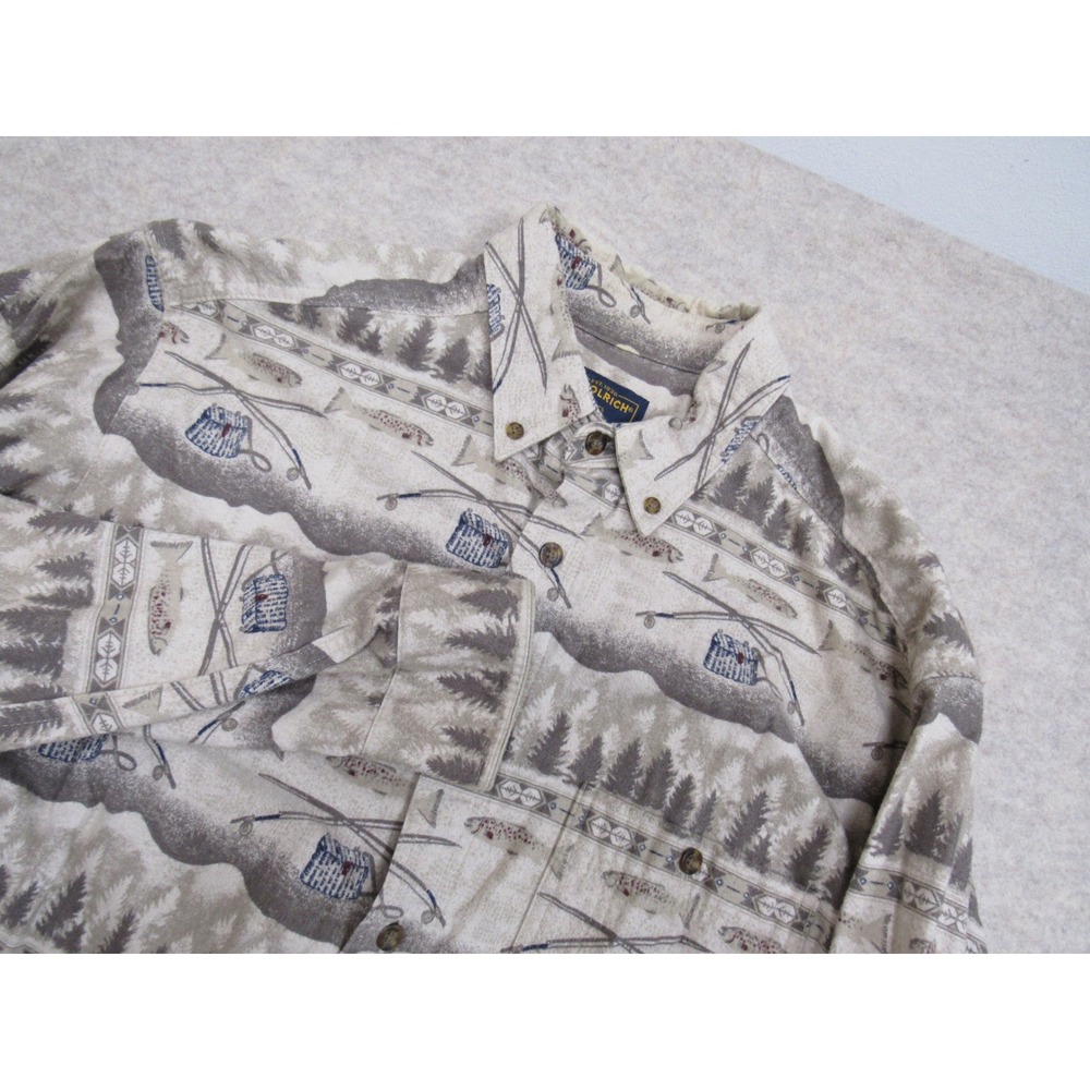 Woolrich Mens Large Fly Fishing Trout Print Button Down Shirt Tan Long Sleeve